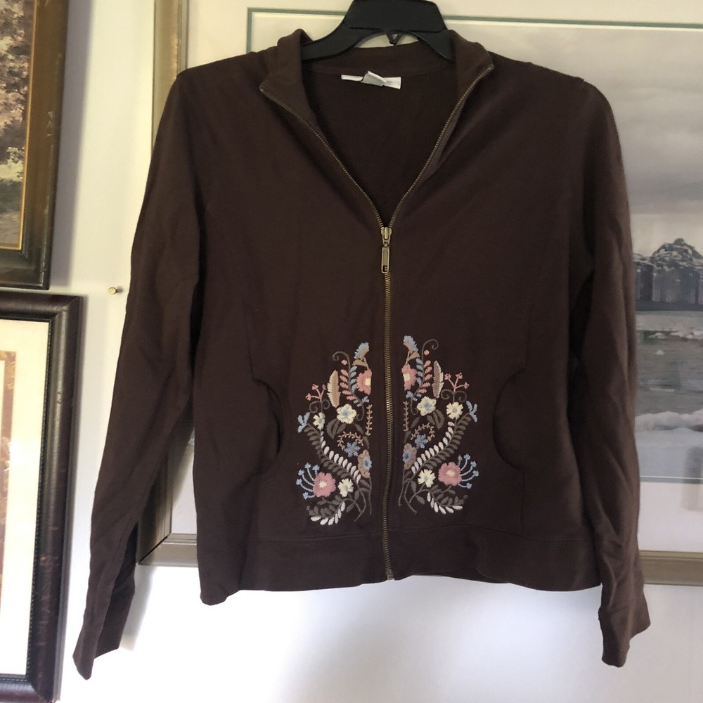 Style & Co Sport Brown Floral Embroidered Jacket Sz M A893